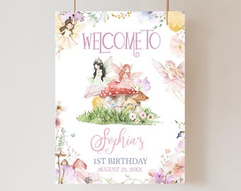 Editable Fairy First Birthday Welcome Sign, Rainbow Fairy Princess Party Sign, Magical Fairy Party Poster, Fairy First Birthday Sign, 99BD