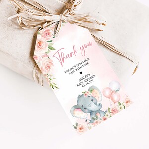 Tag modificabili per bomboniere per baby shower con elefante rosa, etichetta regalo per baby shower con palloncino per ragazza elefante, etichetta di ringraziamento per baby shower per ragazza con palloncino rosa, 0615 immagine 3