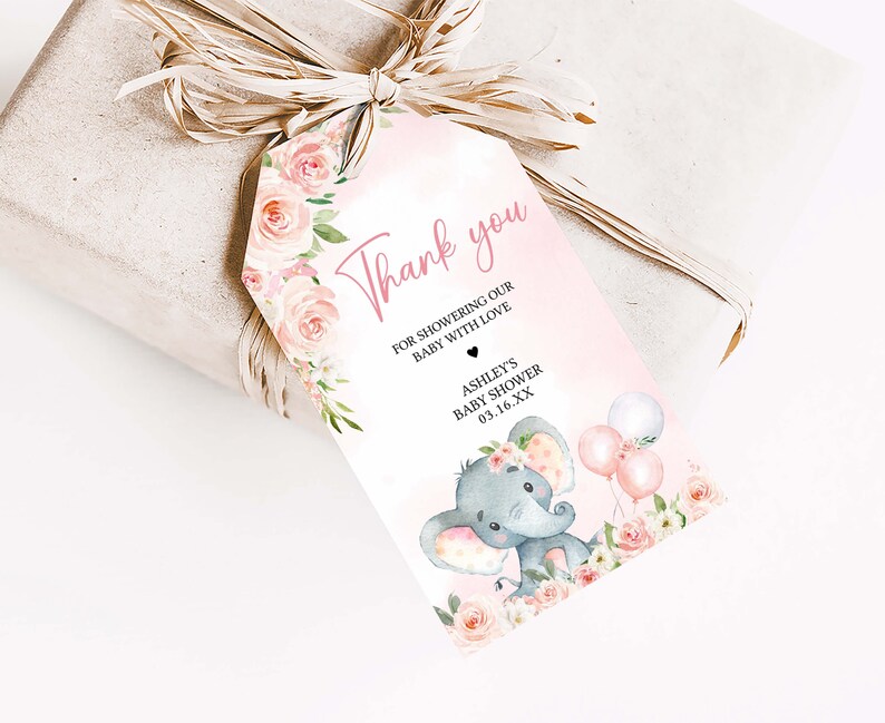 Tag modificabili per bomboniere per baby shower con elefante rosa, etichetta regalo per baby shower con palloncino per ragazza elefante, etichetta di ringraziamento per baby shower per ragazza con palloncino rosa, 0615 immagine 3