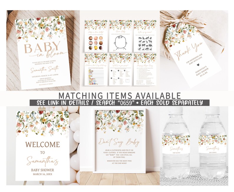 Op de afbeelding: Een set met printbare babyborreldecoraties met een bloemenmotief. De set bevat een welkomstbord, een 'zeg niet baby'-bord, een bedankkaartje, waterfleslabels en een spelkaart. De decoraties hebben een bloemenpatroon in de kleuren roze, geel en groen.