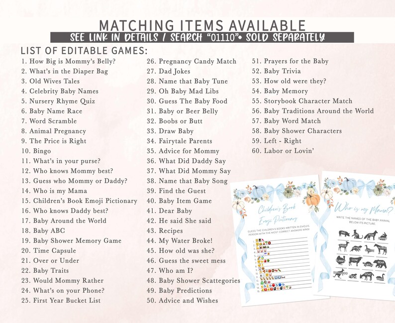 a baby shower game with a list of items