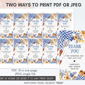 May include: Ten blue and white gingham favor tags with yellow sunflowers and a gardening tool design. The text on the tags reads "Thank You for showering our baby with love" and includes the baby shower date.  The tags are designed for a baby shower.