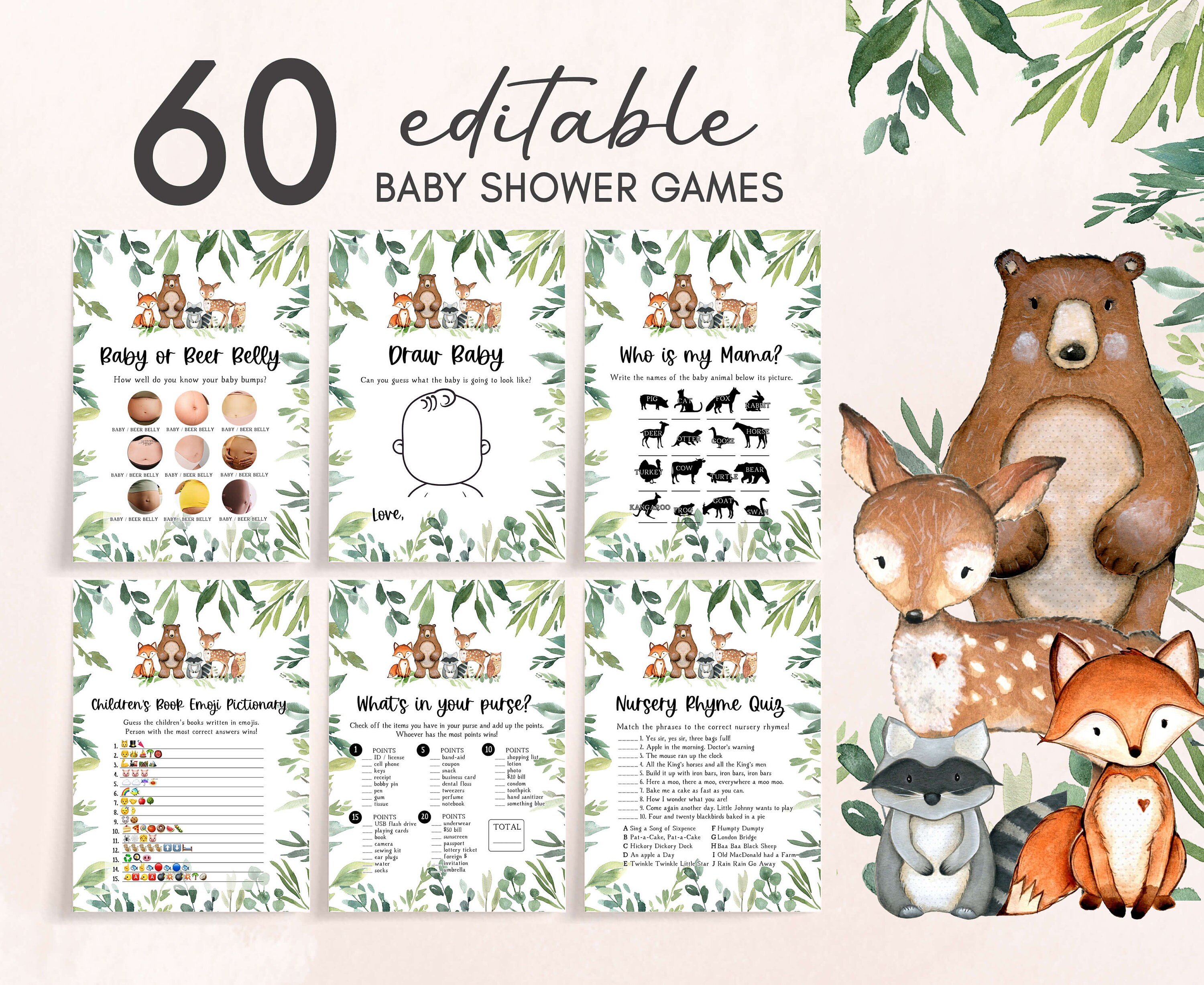 Forest Animals Baby Shower Games, Printable Games, Baby Games Pack, Instant  download - Crealandia