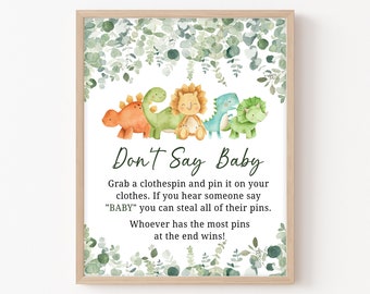 Don't Say Baby Sign Dinosaur Baby Shower, Dino Baby Shower Game Sign, Greenery Baby Shower Decor Gender Neutral Printable Template 0207