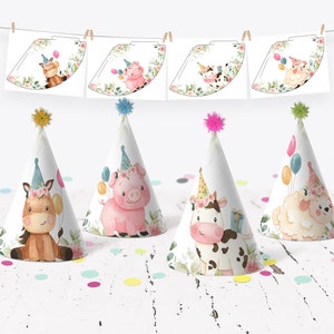 Farm Birthday Party Hats, Barnyard Birthday Hat, Farm Animals First Birthday Party Hat, Girl Pink Barnyard Animals Kids Birthday Decor 321BD