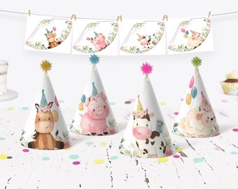 Farm Birthday Party Hats, Barnyard Birthday Hat, Farm Animals First Birthday Party Hat, Girl Pink Barnyard Animals Kids Birthday Decor 321BD