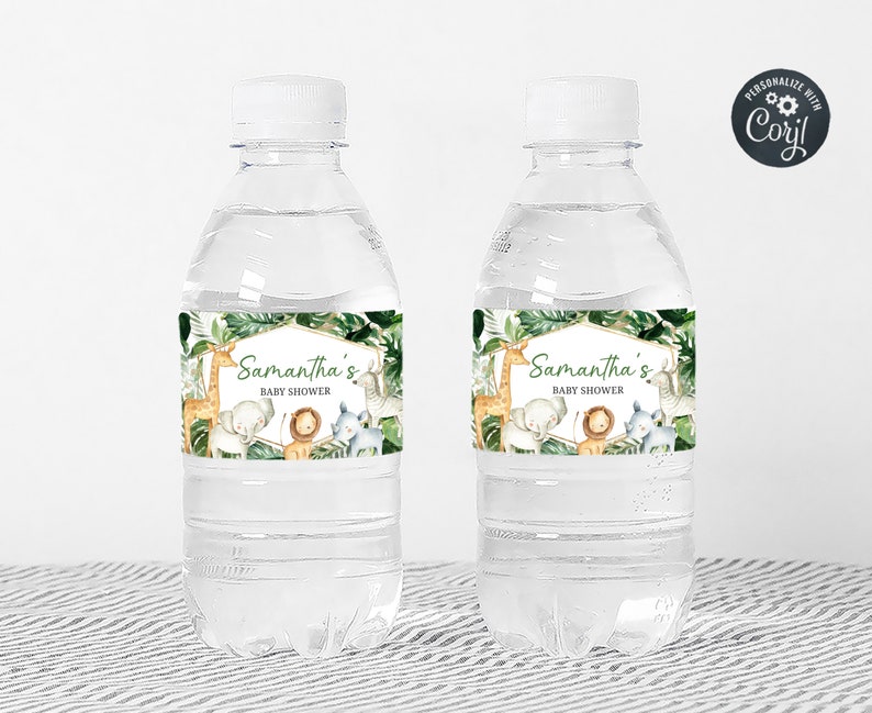 Editable Wild One Baby Shower Bottle Labels, Greenery Safari Jungle Baby Shower Water Labels, Boy Jungle Safari Animals Labels Template 0311 image 3