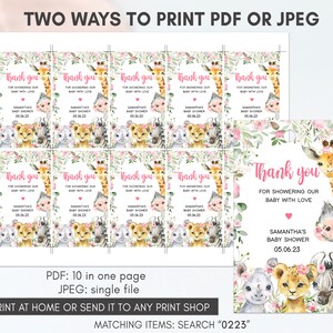 May include: Ten pink and white thank you tags with a giraffe, lion, zebra, and rhino. The text reads "Thank you for showering our baby with love" and "Samantha's Baby Shower 05.06.23".