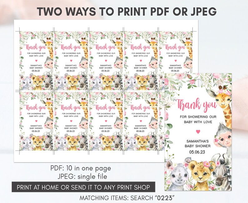 May include: Ten pink and white thank you tags with a giraffe, lion, zebra, and rhino. The text reads "Thank you for showering our baby with love" and "Samantha's Baby Shower 05.06.23".