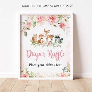 Pannolino lotteria segno ragazza Woodland Baby Shower, rosa floreale Woodland Baby doccia pannolino gioco segno, ragazza animali del bosco segno modello 0319