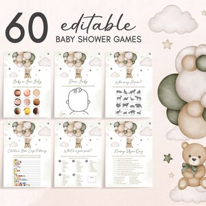 Editable Gender Neutral Bear Balloon Baby Shower Games Bundle, We Can Bearly Wait Baby Shower Game Pack, Boho Bear Baby Shower Games, 0603 image 1