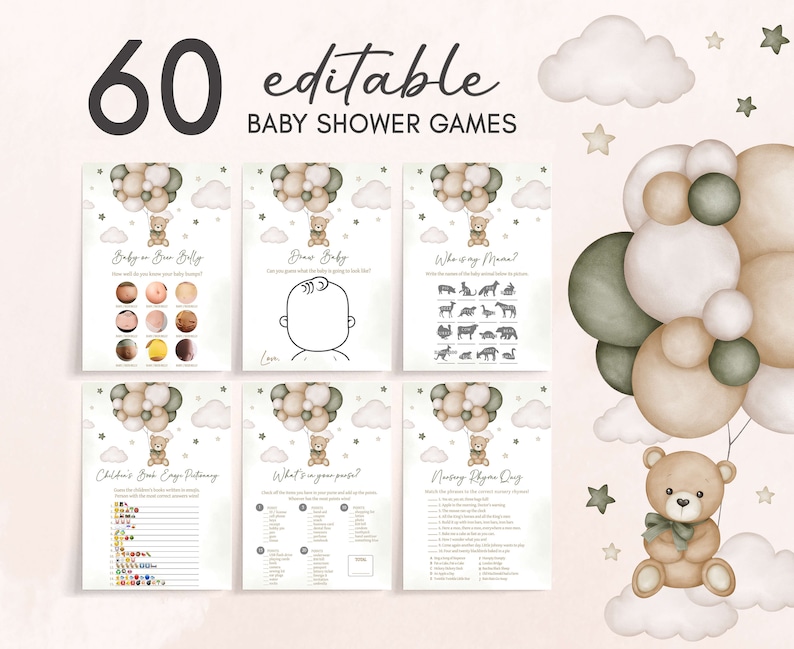Editable Gender Neutral Bear Balloon Baby Shower Games Bundle, We Can Bearly Wait Baby Shower Game Pack, Boho Bear Baby Shower Games, 0603 image 1