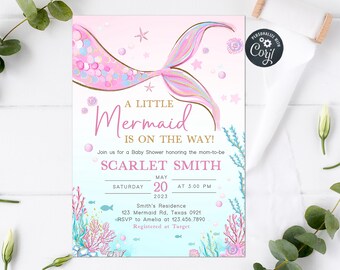 Redigerbar sjöjungfru-babyshowerinbjudan, babyshowerinbjudan för flicka under havet, utskrivbar mall för rosa lila sjöjungfruinbjudan 0268