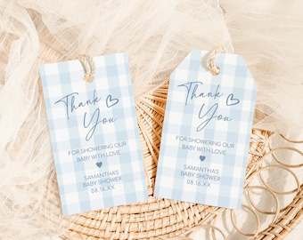 Editable Blue Gingham Baby Shower Favor Tag, Classic Gingham Picnic Baby Shower Gift Tags, Minimalist Oh Baby Boy Baby Shower Tags, 01090