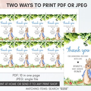Puede incluir: Diez etiquetas de agradecimiento con una ilustraci&oacute;n de acuarela de Peter Rabbit con una chaqueta azul. Las etiquetas son para un baby shower y dicen "Gracias por consentir a nuestro beb&eacute; con amor". El texto tambi&eacute;n incluye el nombre del beb&eacute;, "Scarlet's Baby Shower", y la fecha, "03.26.23".