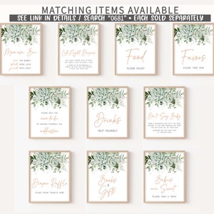 May include: Ten printable signs with a watercolor design of green succulents and white flowers. The signs have text in a peach color and include the following: Momosa Bar, Late Night Drinks, Drinks, Food, Favors, Don't Say Baby, Diaper Raffle, Books & Gifts, Babies are Sweet.