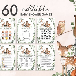 Paquete editable de juegos de baby shower del bosque Paquete de juegos de baby shower de animales del bosque Plantilla imprimible de juegos de animales del bosque salvaje verde 0336