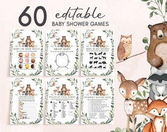 Paquete editable de juegos de baby shower del bosque Paquete de juegos de baby shower de animales del bosque Plantilla imprimible de juegos de animales del bosque salvaje verde 0336