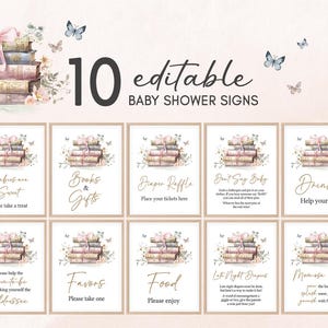 Signe de table de baby shower modifiable Un nouveau chapitre commence, signe de lot de baby shower livre de contes Coquette, signe de baby shower livre neutre en matière de genre 01083