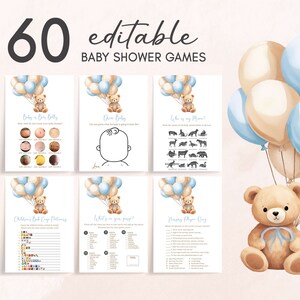Bewerkbare bundel Boho Bear-babyshowergames, blauwe ballon babyshowergamepakket, sjabloon 'We Can Bearly Wait Boy' babyshowergames, 0672 afbeelding 1