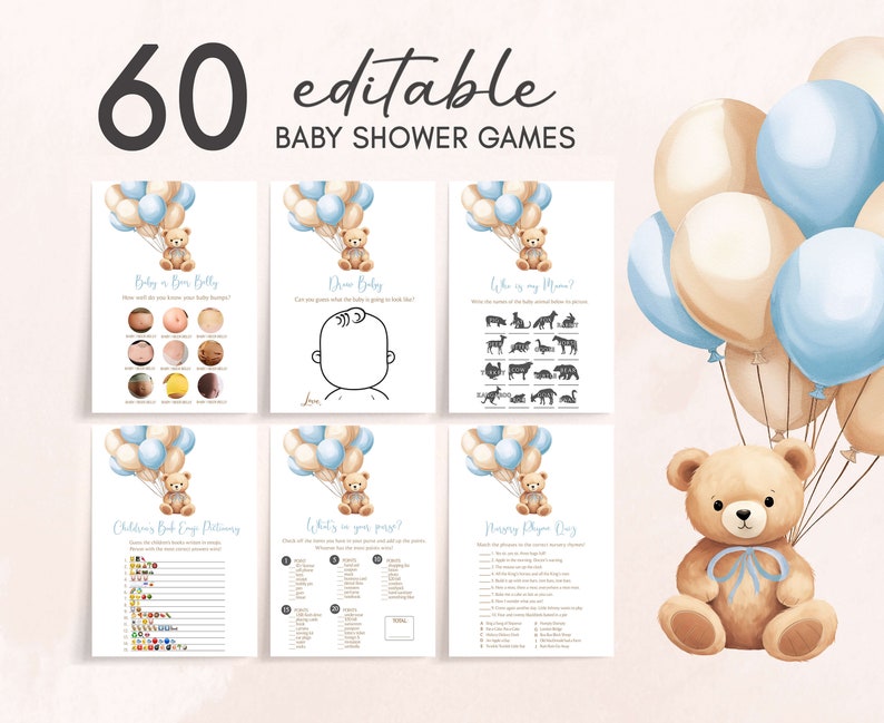 Bewerkbare bundel Boho Bear-babyshowergames, blauwe ballon babyshowergamepakket, sjabloon 'We Can Bearly Wait Boy' babyshowergames, 0672 afbeelding 1