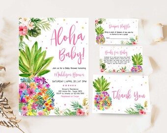 May include: A set of baby shower invitations and cards with a tropical theme. The main invitation reads "Aloha Baby!" in pink, with floral and pineapple illustrations. Additional cards include "Diaper Raffle," "Books for Baby," and "Thank You."