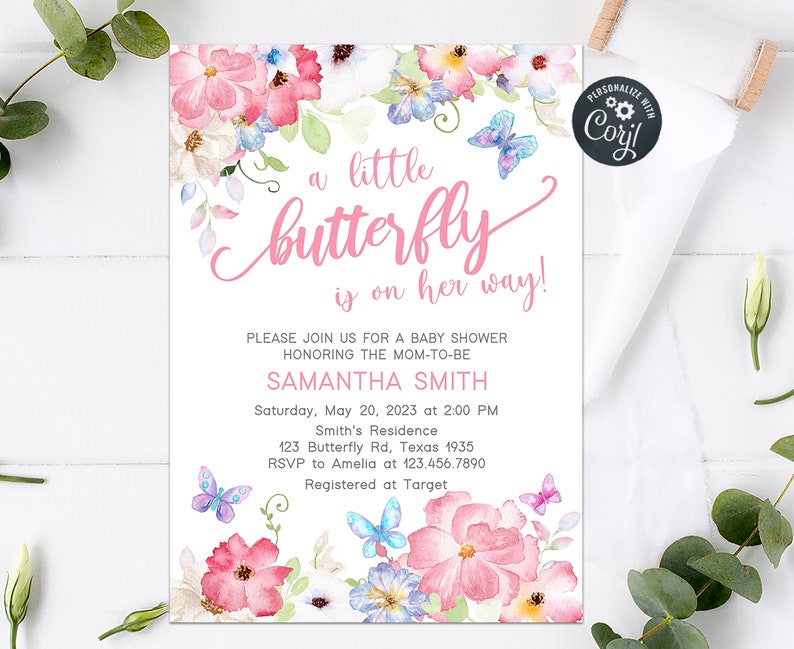 May include: A baby shower invitation with a watercolour design featuring pink and blue butterflies and flowers. The text reads "a little butterfly is on her way!" and includes details for the event, including the date, time, location, and RSVP information.