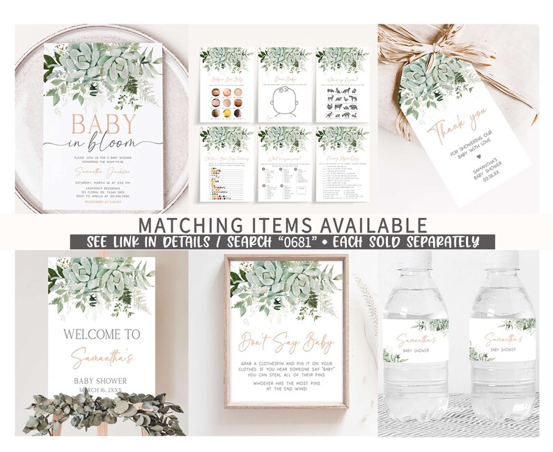 Editable Baby in Bloom Baby Shower Bottle Label, Succulent Gender Neutral Baby Shower Water Labels, Succulents Greenery Bottle Sticker, 0681 image 2