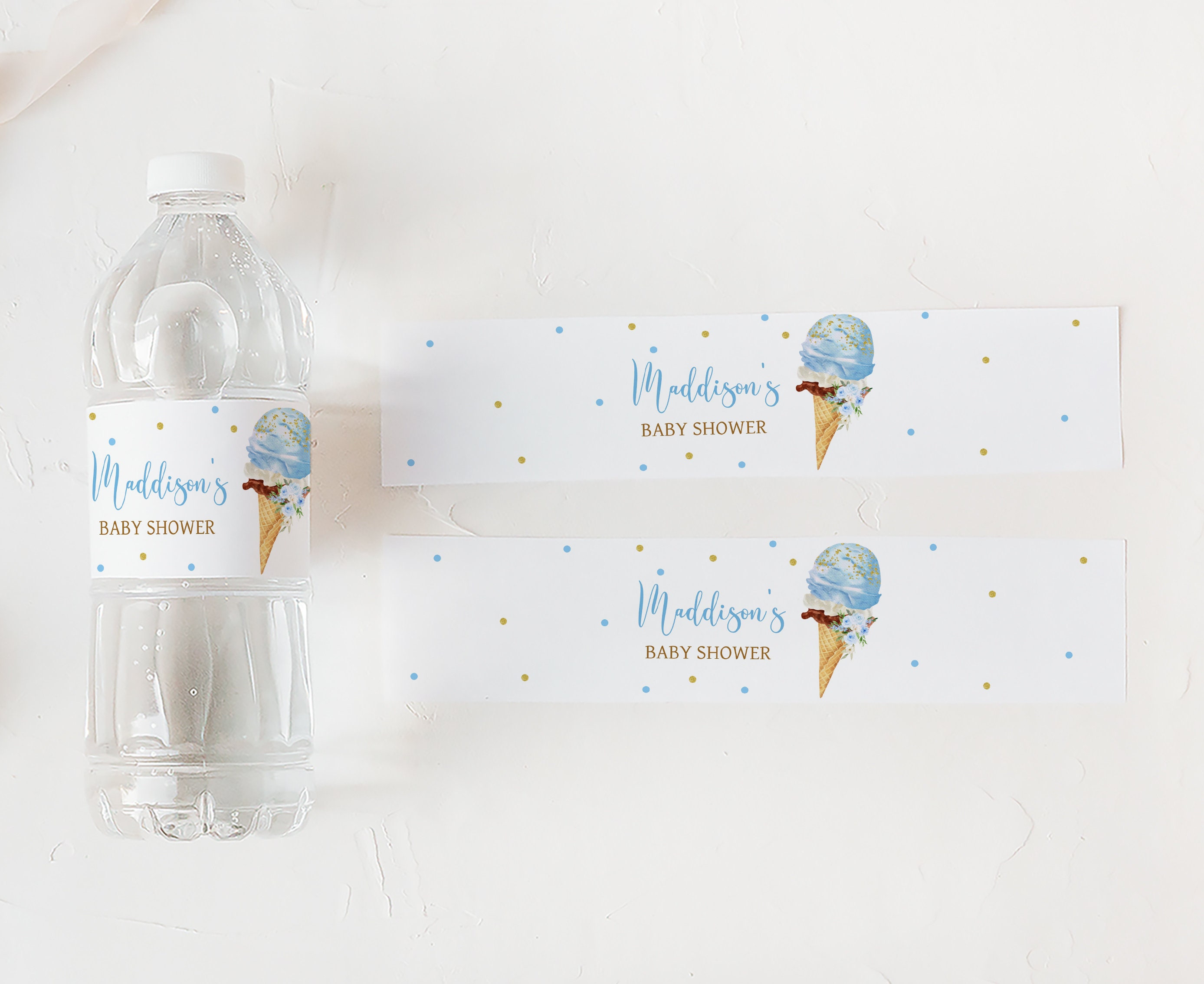 Editable Blue Ice Cream Baby Shower Bottle Label, Here's the Scoop Baby ...