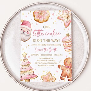 Editable Girl Christmas Cookie Baby Shower Invitation, Pink Gingerbread Baby Shower Invite, Pink A Little Cookie Baby Shower Invite, 0574 image 1