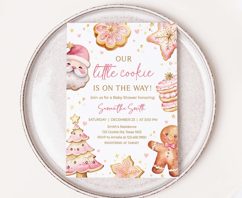 Editable Girl Christmas Cookie Baby Shower Invitation, Pink Gingerbread Baby Shower Invite, Pink A Little Cookie Baby Shower Invite, 0574 image 1