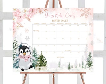 Bearbeitbarer Winter Pinguin Baby Shower Fälligkeitskalender, Mädchen Pinguin Baby Shower Kalender, Pink Baby It's Cold Outside Baby Shower Spiel, 0557
