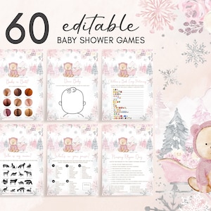Lot modifiable de jeux baby shower d'ours d'hiver rose, pack de jeux de baby shower d'hiver fille ours, jeu de bébé flocon de neige rose, bébé il fait froid dehors, 0521 image 1