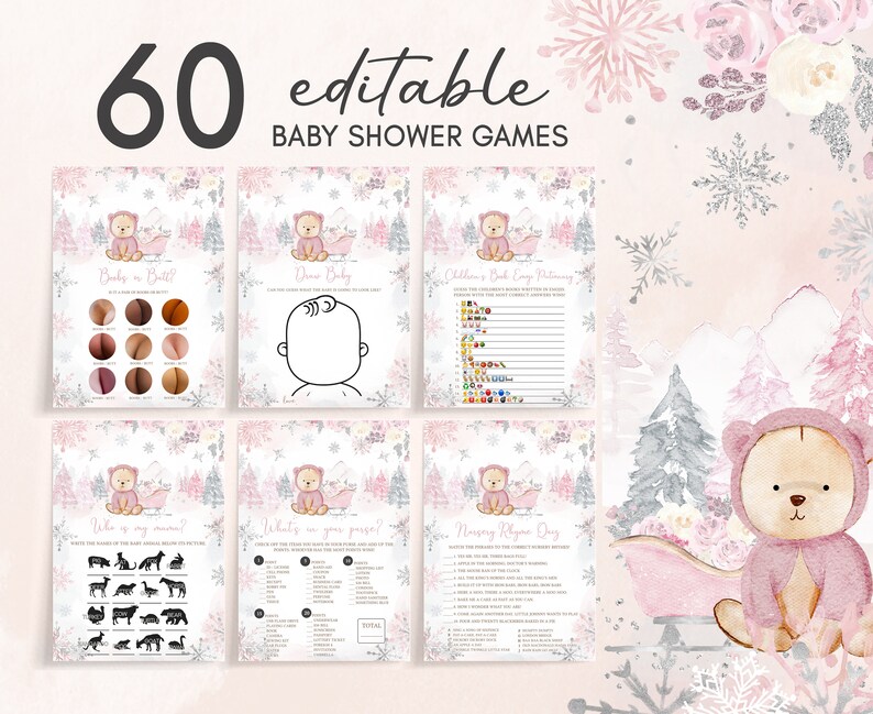 Lot modifiable de jeux baby shower d'ours d'hiver rose, pack de jeux de baby shower d'hiver fille ours, jeu de bébé flocon de neige rose, bébé il fait froid dehors, 0521 image 1