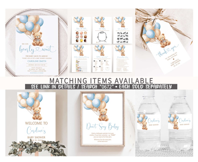 May include: A set of baby shower decorations featuring a teddy bear holding balloons in blue and beige colors. The set includes a welcome sign, a don't say baby sign, water bottle labels, and a thank you tag. The text on the signs reads "Welcome to Caroline's Baby Shower" and "Don't Say Baby".