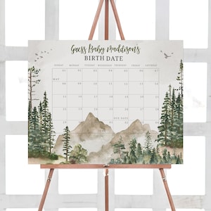 Bearbeitbar Let the Adventure Begin Baby Fälligkeitskalender Woodland Baby Shower Kalender Pine Trees Mountain Geburtstagsvorhersagen Greenery 0193