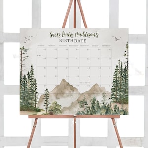 Editable Let the Adventure Begin Baby Due Date Calendar Woodland Baby Shower Calendar Pine Trees Mountain Birthday Predictions Greenery 0193