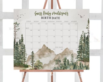 Editable Let the Adventure Begin Baby Due Date Calendar Woodland Baby Shower Calendar Pine Trees Mountain Birthday Predictions Greenery 0193
