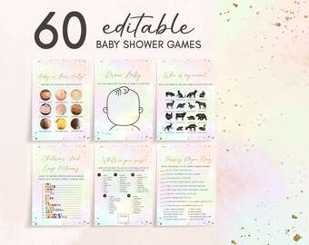 Editable Rainbow Baby Shower Games Bundle, Gold Glitter Baby Shower Game Pack, Pastel Colors, Boho Rainbow Baby Shower Game Template, 0816