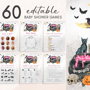 編集可能な「赤ちゃんが生まれる」ハロウィンベビーシャワーゲームバンドル、魔女ベビーシャワーゲームパック、ピンクガールハロウィンベビーシャワーゲームセット0438