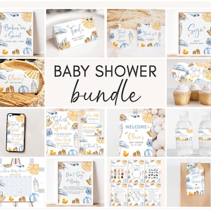Könnte beinhalten: Ein Babyparty-Druckpaket mit blauem und gelbem Farbschema. Das Paket enthält ein Willkommens-Schild, Cupcake-Topper, Wasserflaschenetiketten, ein Schild mit der Aufschrift "Don't Say Baby" und andere druckbare Elemente. Das Thema ist eine Sommerstrandparty.