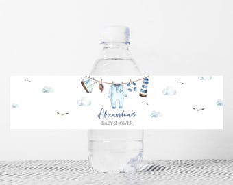 Bearbeitbar Ahoi Es ist ein Jungen-Babyparty-Flaschenetikett, Jungen-Segelboot-Nautik-Babyparty-Wasseretikett, blaue Babykleidungs-Flaschenaufkleber, 01067