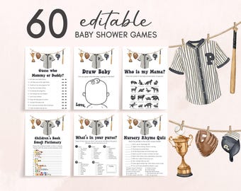 Lot modifiable de jeux de baby shower de baseball, Pack de jeux de baby shower Un petit cogneur est en route, jeu de baby shower de vêtements de sport pour garçon, 01062