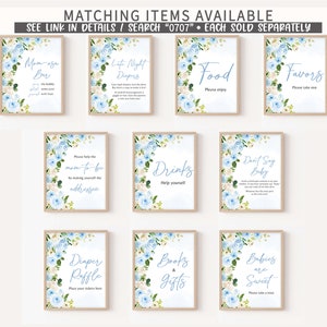 Puede incluir: Diez carteles imprimibles para un baby shower con dise&ntilde;os florales azules y blancos. Los carteles incluyen "Barra de mimosas", "Pa&ntilde;ales nocturnos", "Comida", "Favores", "Ayuda a la futura mam&aacute;", "Bebidas", "Rifa de pa&ntilde;ales", "Libros y regalos", "No digas beb&eacute;", y "Los beb&eacute;s son dulces".
