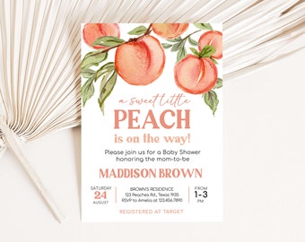 May include: A peach-themed baby shower invitation with watercolor illustrations of peaches and leaves. The text reads "a sweet little PEACH is on the way!" and includes details for the event, such as the date, time, location, and RSVP information. The invitation also states "Registered at Target."