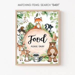 Woodland Baby Shower Food Sign, Greenery Forest Animals Baby Shower Food Table Sign, Woodland Animals Food Party Sign Plantilla rústica 0401