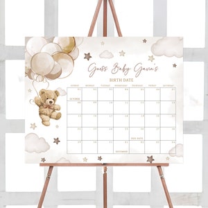 Bearbeitbarer geschlechtsneutraler Bären-Babyparty-Fälligkeitsdatumskalender, Wir können Bären-Babypartykalender warten, Boho-Bär-Ballon-Babypartyspiel 0606