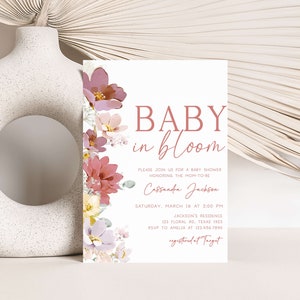 Bearbeitbares Baby in Bloom-Babyparty-Einladungspaket, Frühlingsblumen-Babyparty-Einladungssatz, rosa Blumen-Mädchen-Babypartyeinladung, 0613 Bild 3