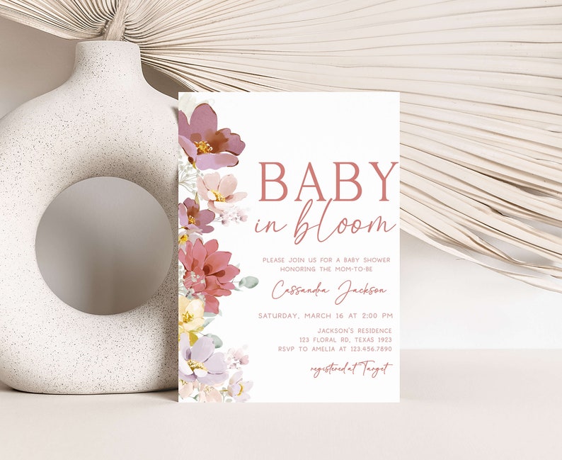 Bearbeitbares Baby in Bloom-Babyparty-Einladungspaket, Frühlingsblumen-Babyparty-Einladungssatz, rosa Blumen-Mädchen-Babypartyeinladung, 0613 Bild 3