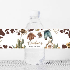 Bearbeitbar Ein kleines Cowboy-Babyparty-Flaschenetikett, Cowboy-Babykleidung Rodeo-Babyparty-Wasseretikett, Wilder Westen Western-Flaschenaufkleber 01039